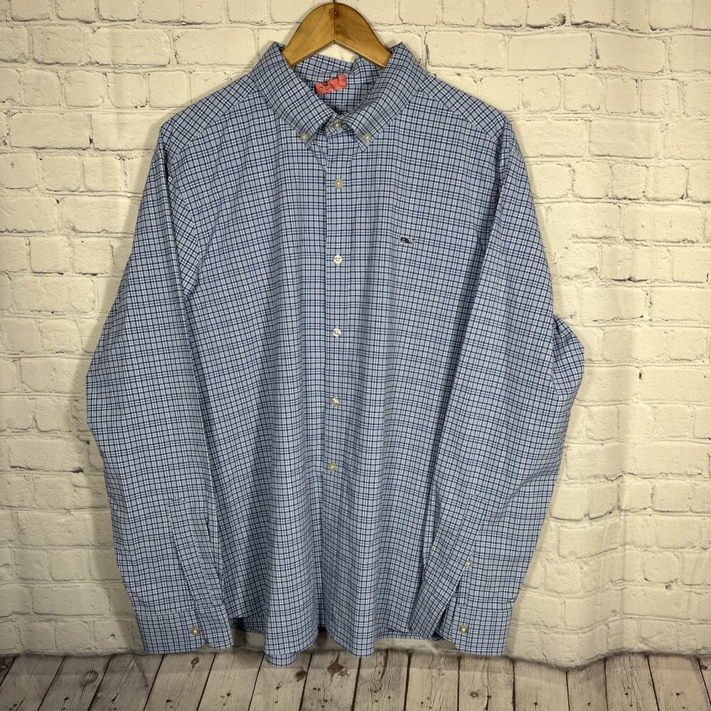 Vineyard Vines Performance Shirt XL Classic Fit Whale Button Down Blue Plaid